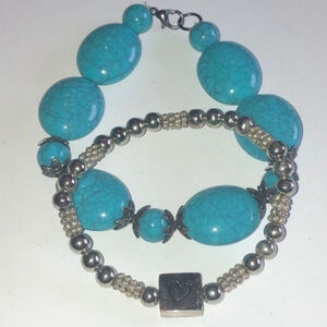 Faux Turquoise Beaded Boho Bracelet & Silver Initial S Heart Stretchy Bracelet